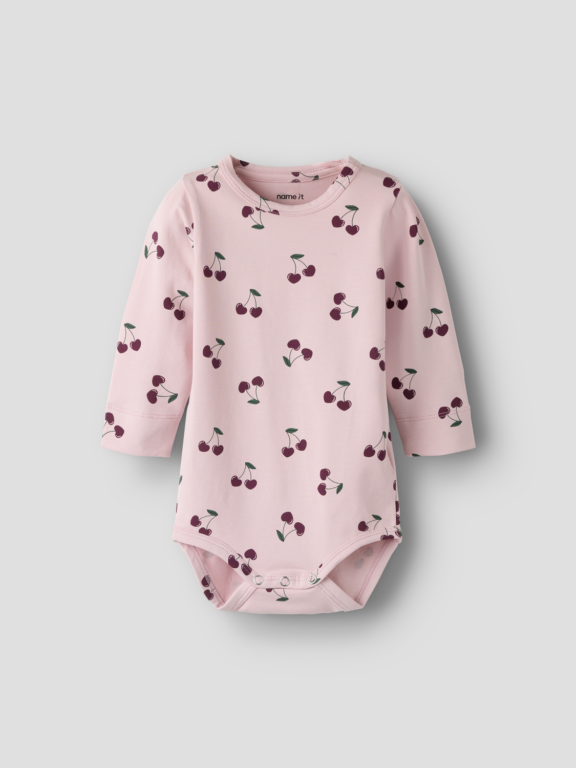 Name It Langærmet Body Med Kirsebær Print, Str. 56-92 - Lyserød