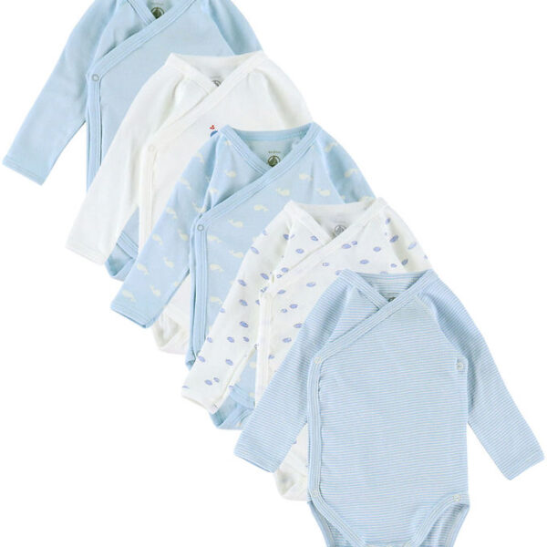 Petit Bateau Slå-om Bodyer l/æ - 5-pak - Hvid/Blå
