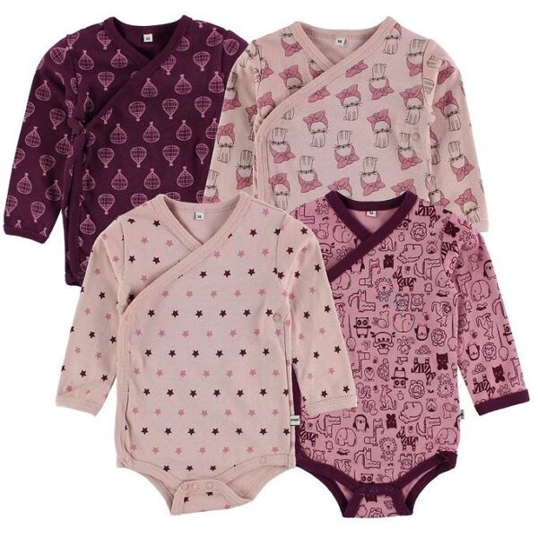 Pippi Baby Slå-om Bodyer - 4-pak - Mørklilla/Rosa m. Print