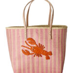 Rice Taske m. Læder Håndtag - Raffia - Pink Stripes And Embroide