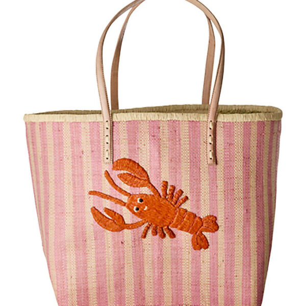 Rice Taske m. Læder Håndtag - Raffia - Pink Stripes And Embroide