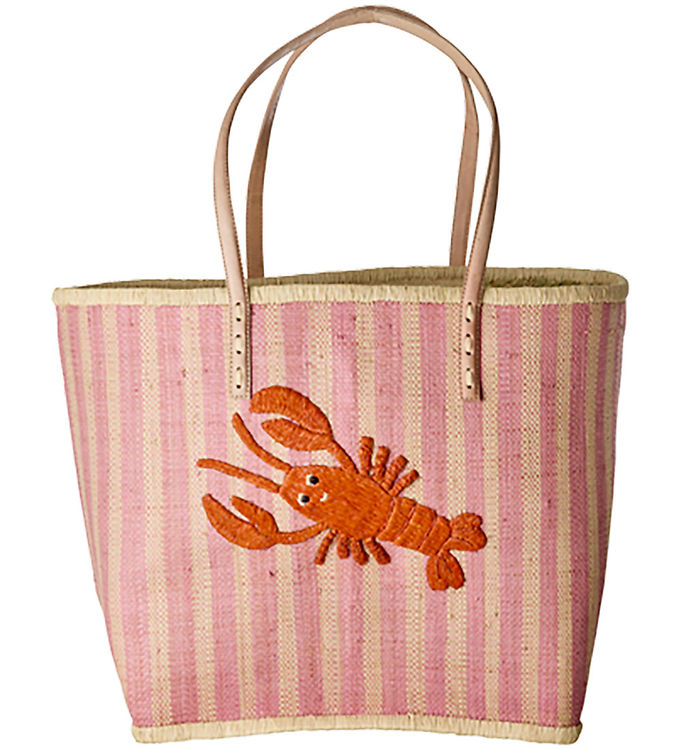 Rice Taske m. Læder Håndtag - Raffia - Pink Stripes And Embroide Rice Taske m. Læder Håndtag - Raffia - Pink Stripes And Embroide