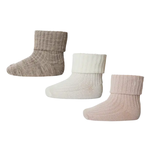 Uld rib baby strømpe 3 pak - Light Brown Melange - 15/16