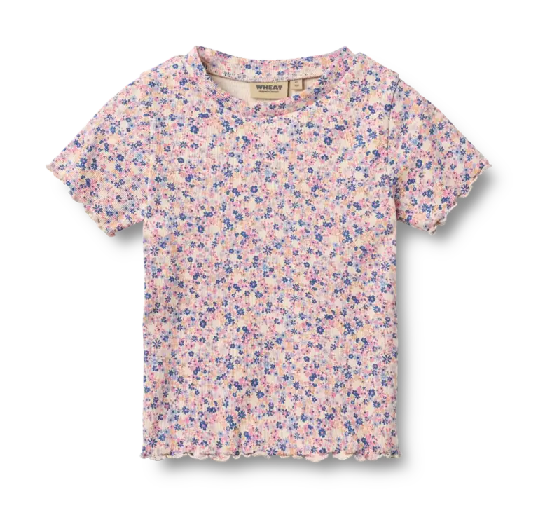 Alicia Rib T-Shirt - Pink Blue Flowers - 98
