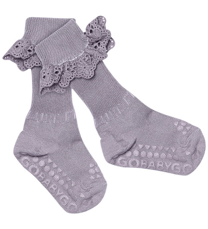 GoBabyGo Skridsikre Strømper - Lavender Gray m. Blonder