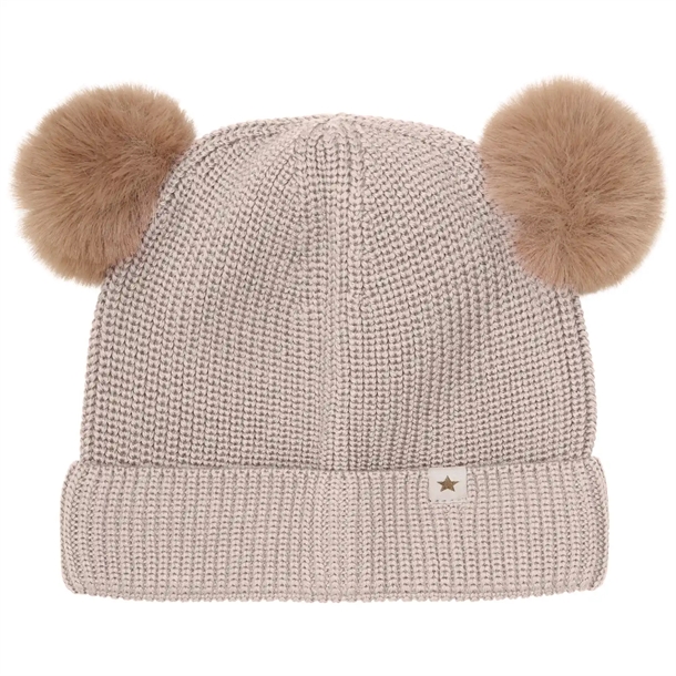 Huttelihut Hue - beanie uld strik med alpaca kvaster - Camel Melange