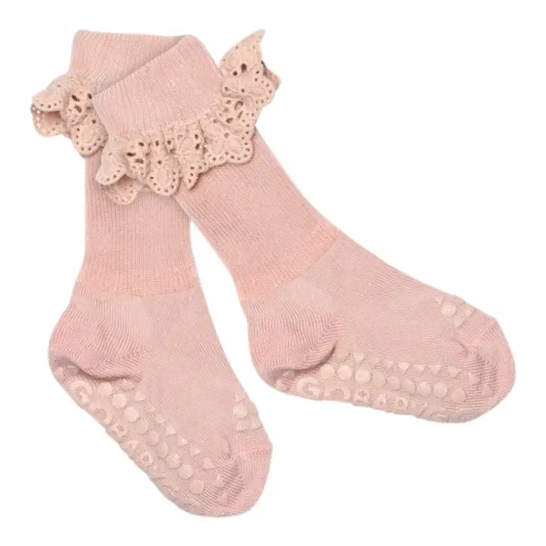 Skridsikre BambusStrømper m. Blonde - Soft Pink - 20/22