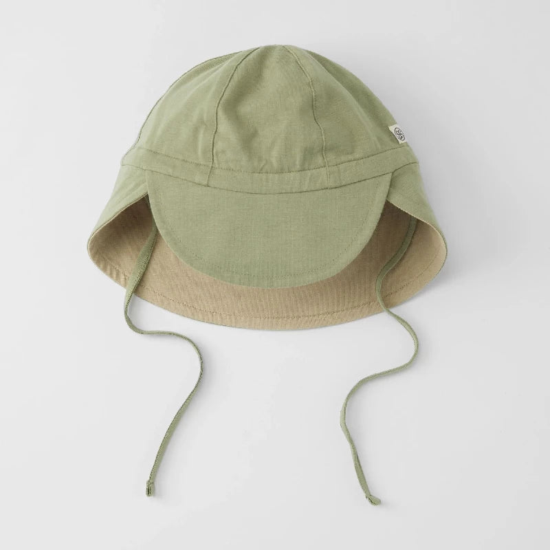Sun Hat (Reversible) - Olive Green/sandy Beach (0-6m)