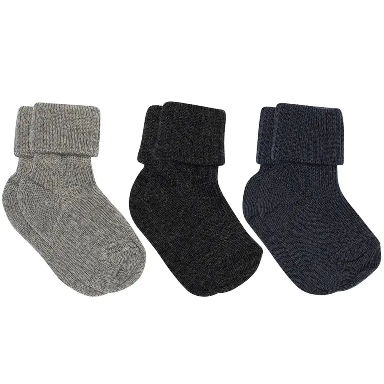 Uld rib baby strømpe 3 pak - Grey Melange - 17/18