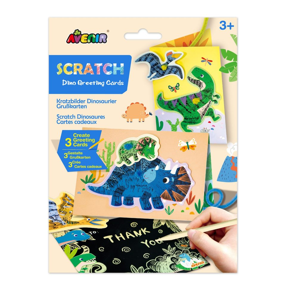Avenir | Scratch lykønskningskort - Dinoer, 3 stk