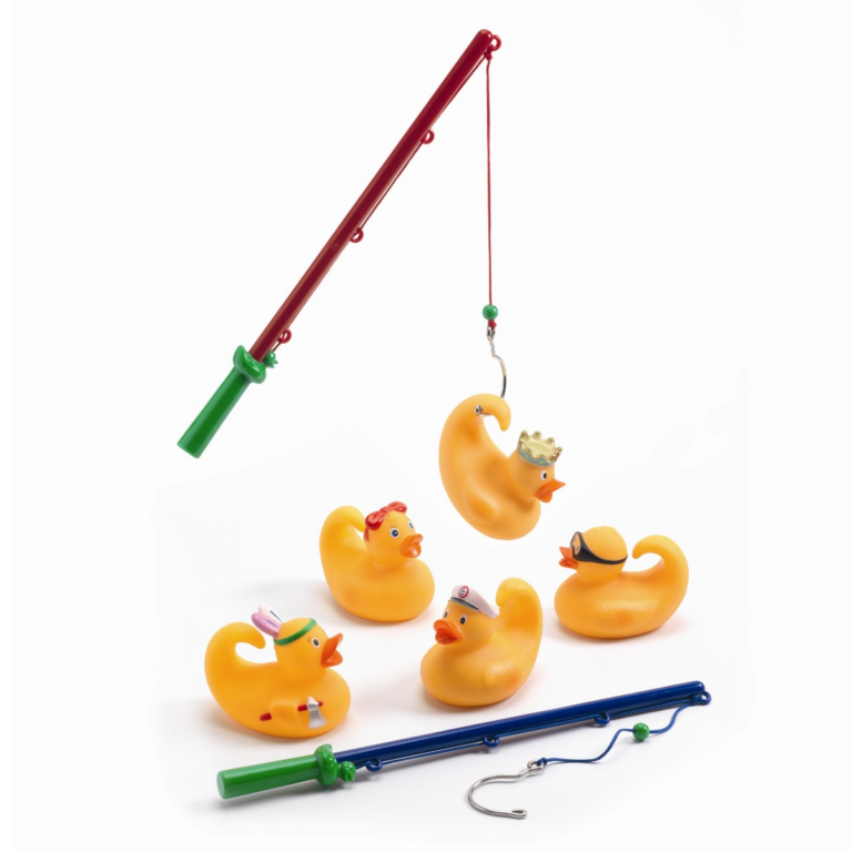 Djeco | Badeænder, 5 stk gule 8 cm + 2 fiskestænger