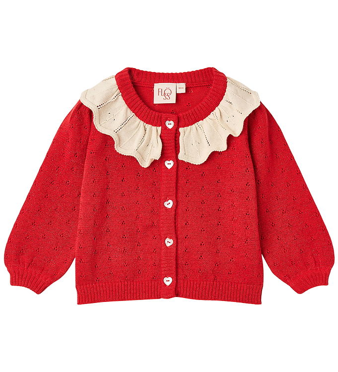 Flöss Cardigan - Strik/Hulmønster - Dora - Poppy Red Glitter
