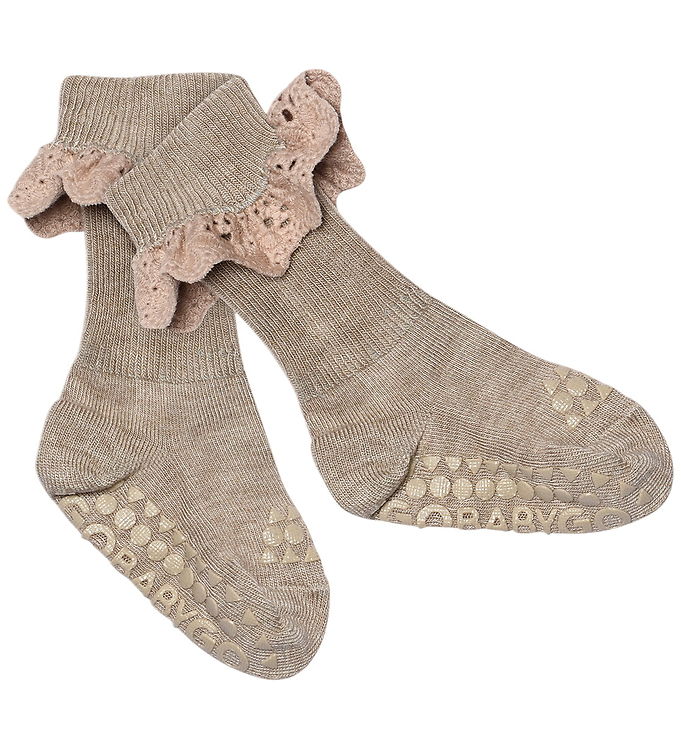GoBabyGo Skridsikre Strømper - Light Brown Melange m. Blonder GoBabyGo Skridsikre Strømper - Light Brown Melange m. Blonder