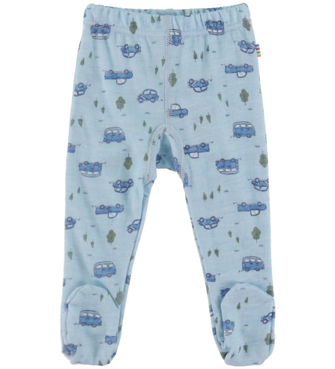 Joha Leggings m. Fødder - Uld/Viskose - Blå m. Biler