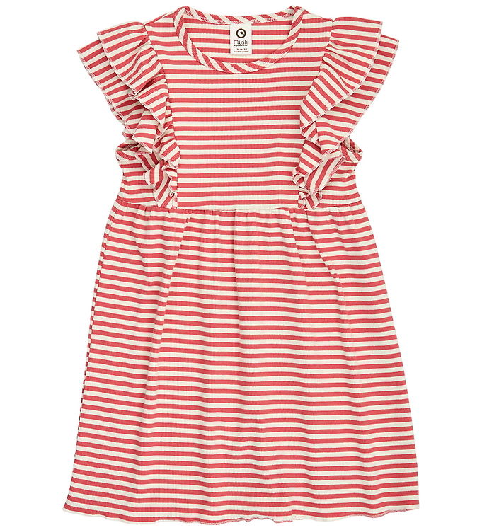 Müsli Kjole - Rib - Stripe Ruffle - Mineral Red/Tofu