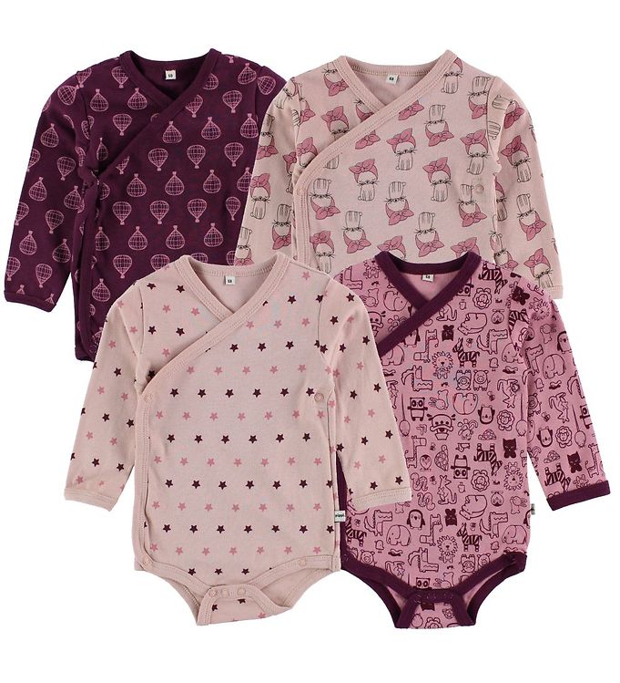 Pippi Baby Slå-om Bodyer - 4-pak - Mørklilla/Rosa m. Print