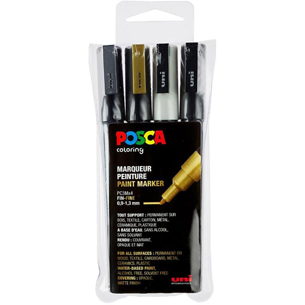 Posca | Posca tusser PC-3M - Sort/guld/sølv/hvid, 4 stk