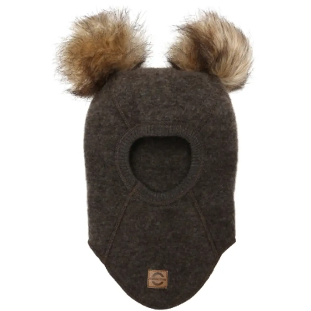 Uld elefanthue med pom pom - DARK BROWN MELANGE - 50/56 Uld elefanthue med pom pom - DARK BROWN MELANGE - 50/56