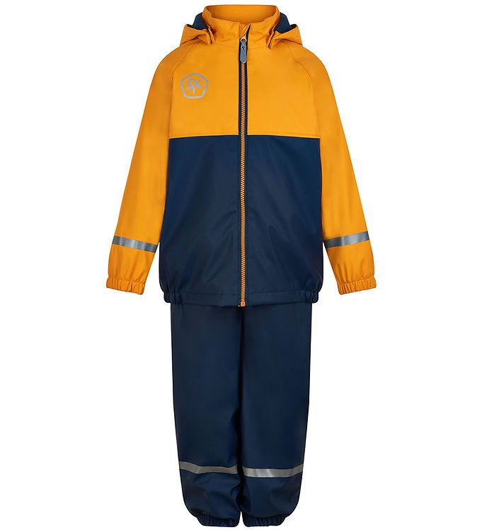 Color Kids Regntøj m. Seler/Fleece - PU - Cadmium Yellow/Navy Color Kids Regntøj m. Seler/Fleece - PU - Cadmium Yellow/Navy