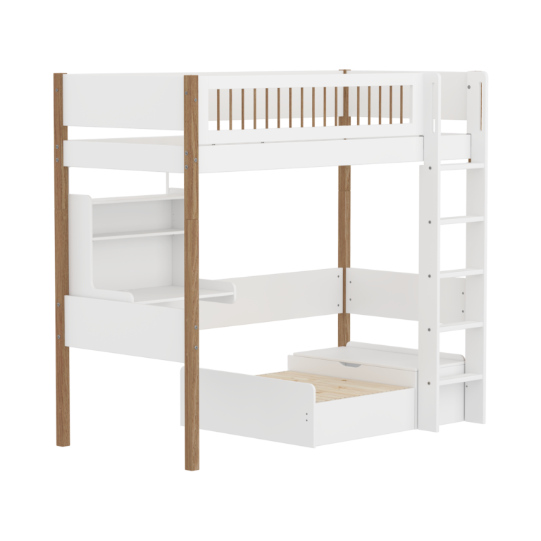 Flexa Nor Casa Højseng Med Crossbar Sengehest, Stige, Skriveborg og Gæsteseng 90x200 Cm- Hvid/eg