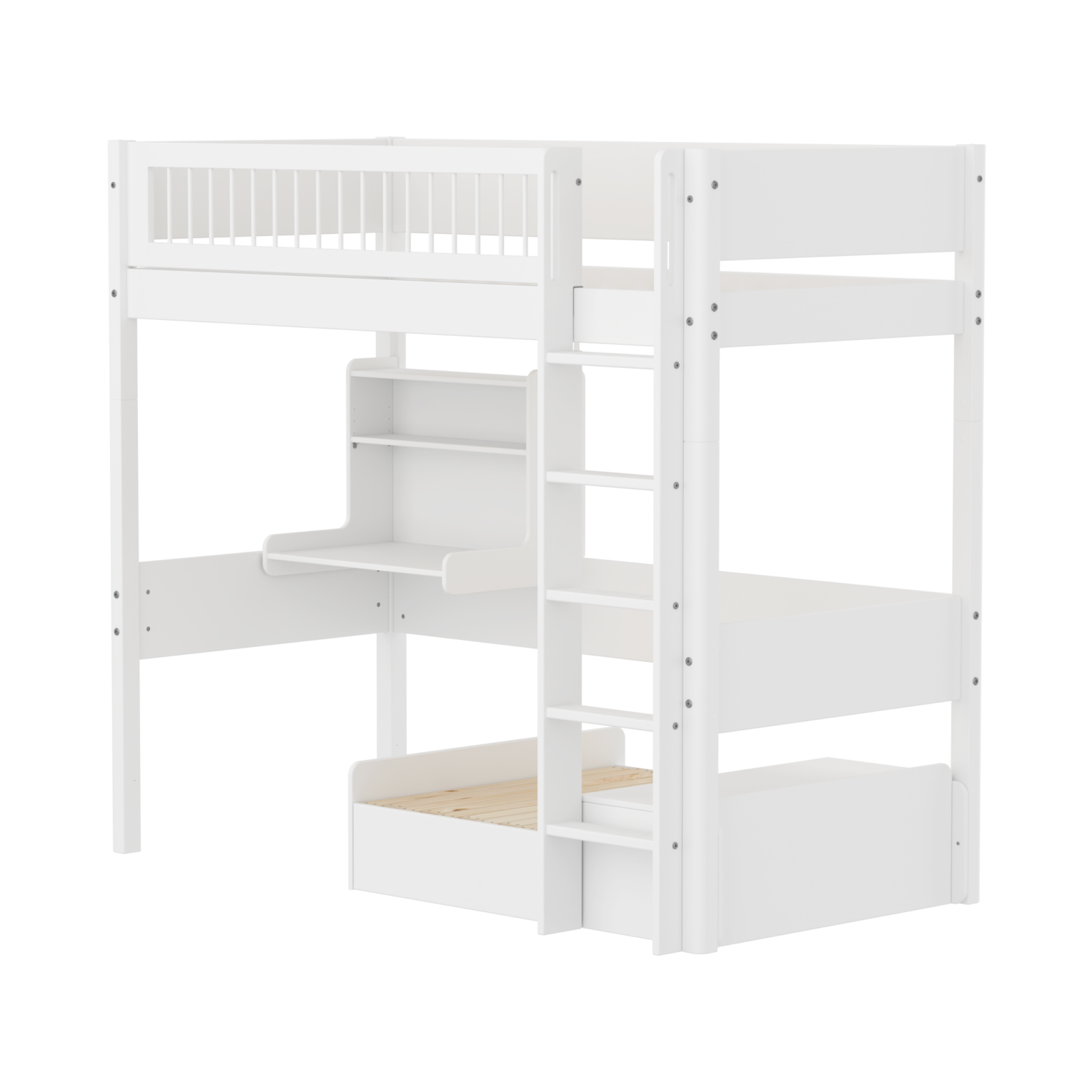 Flexa White Casa Højseng Med Crossbar Sengehest, Stige, Click on Skrivebord og Gæsteseng 90x200 cm - Hvid/eg