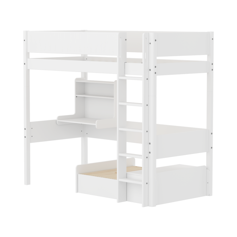 Flexa White Casa Højseng Med Grooves Sengehest, Stige, Click on Skrivebord og Gæsteseng 90x200 cm - Hvid/eg