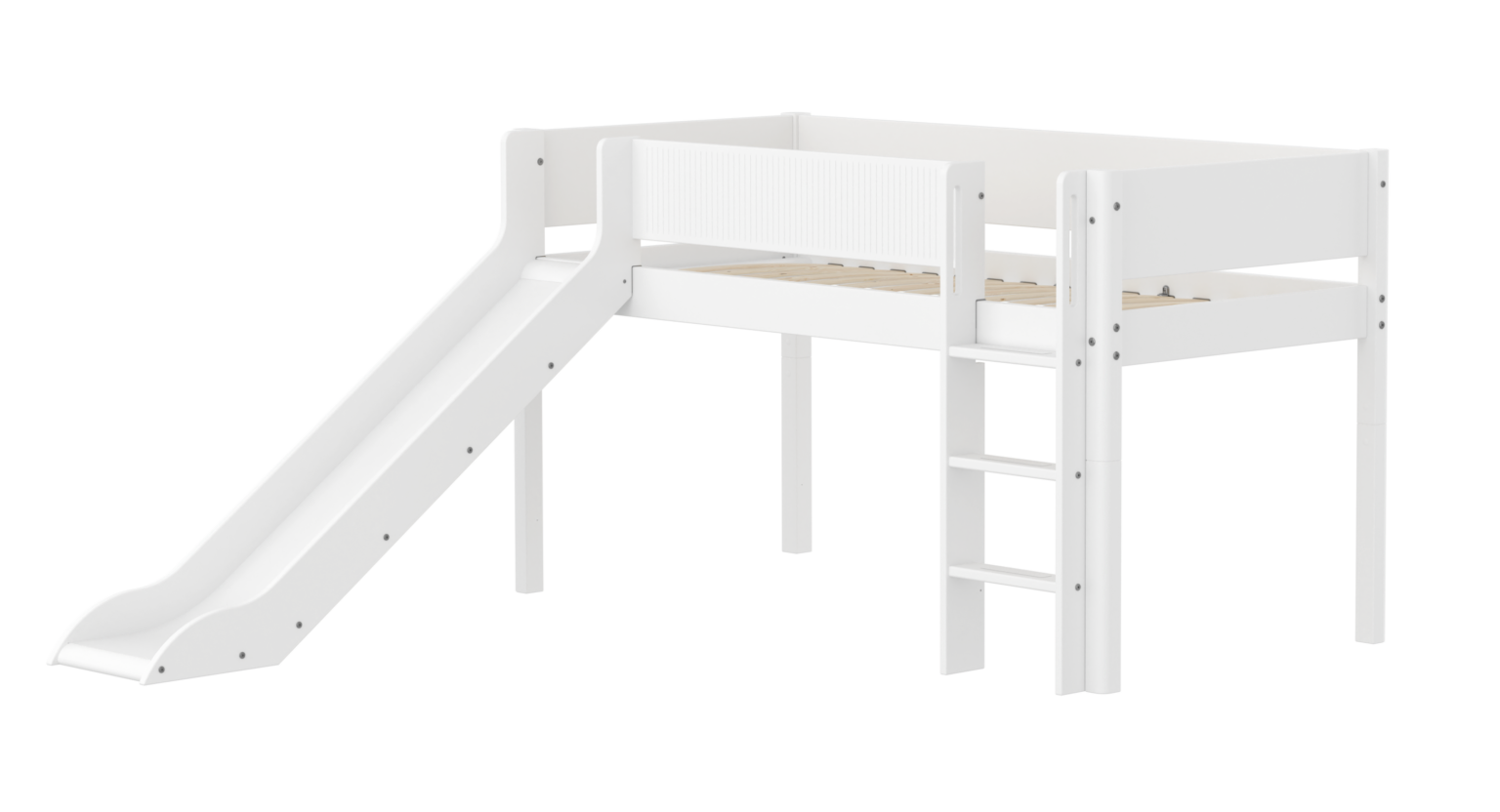 Flexa White Halvhøj Seng 120 cm Med Rutchebane, Stige og Grooves Sengehest 90x200 cm - Hvid Flexa White Halvhøj Seng 120 cm Med Rutchebane, Stige og Grooves Sengehest 90x200 cm - Hvid