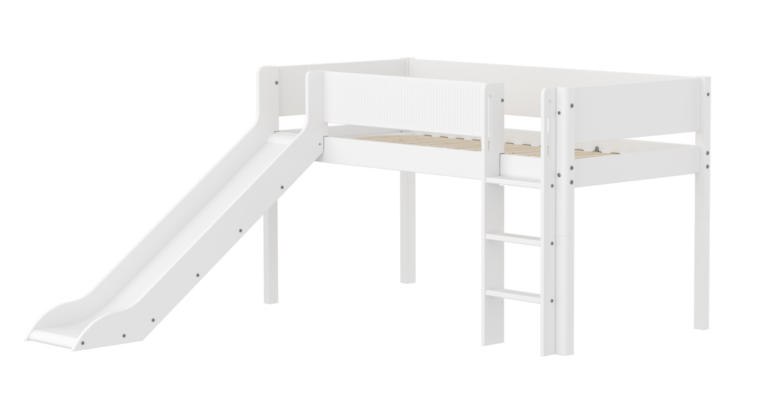 Flexa White Halvhøj Seng 120 cm Med Rutchebane, Stige og Grooves Sengehest 90x200 cm - Hvid