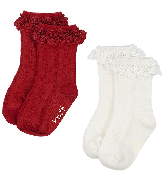 Konges Sløjd Strømper - 2-pak - Pointelle Frill - Red/Off White
