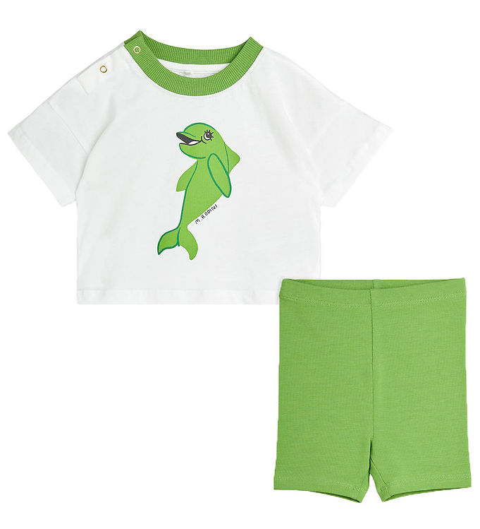 Mini Rodini Gaveæske - Shorts/T-shirt - Dolphin - Hvid/Grøn Mini Rodini Gaveæske - Shorts/T-shirt - Dolphin - Hvid/Grøn