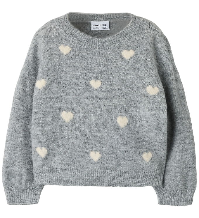 Name it Bluse - Strik - NmfOguesse - Grey Melange/Birch Hearts