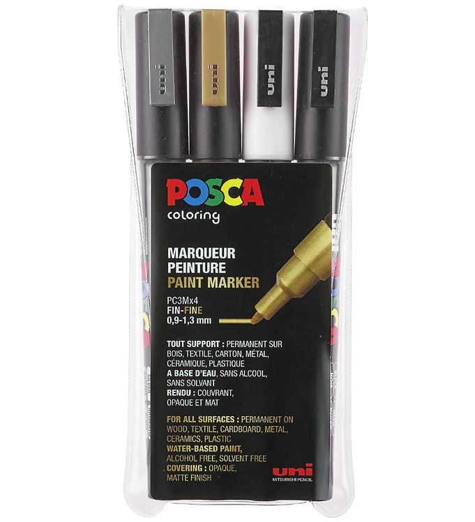 Posca Corner Markers - PC-3M - 4 stk - Guld/Sølv/Hvid/Sort